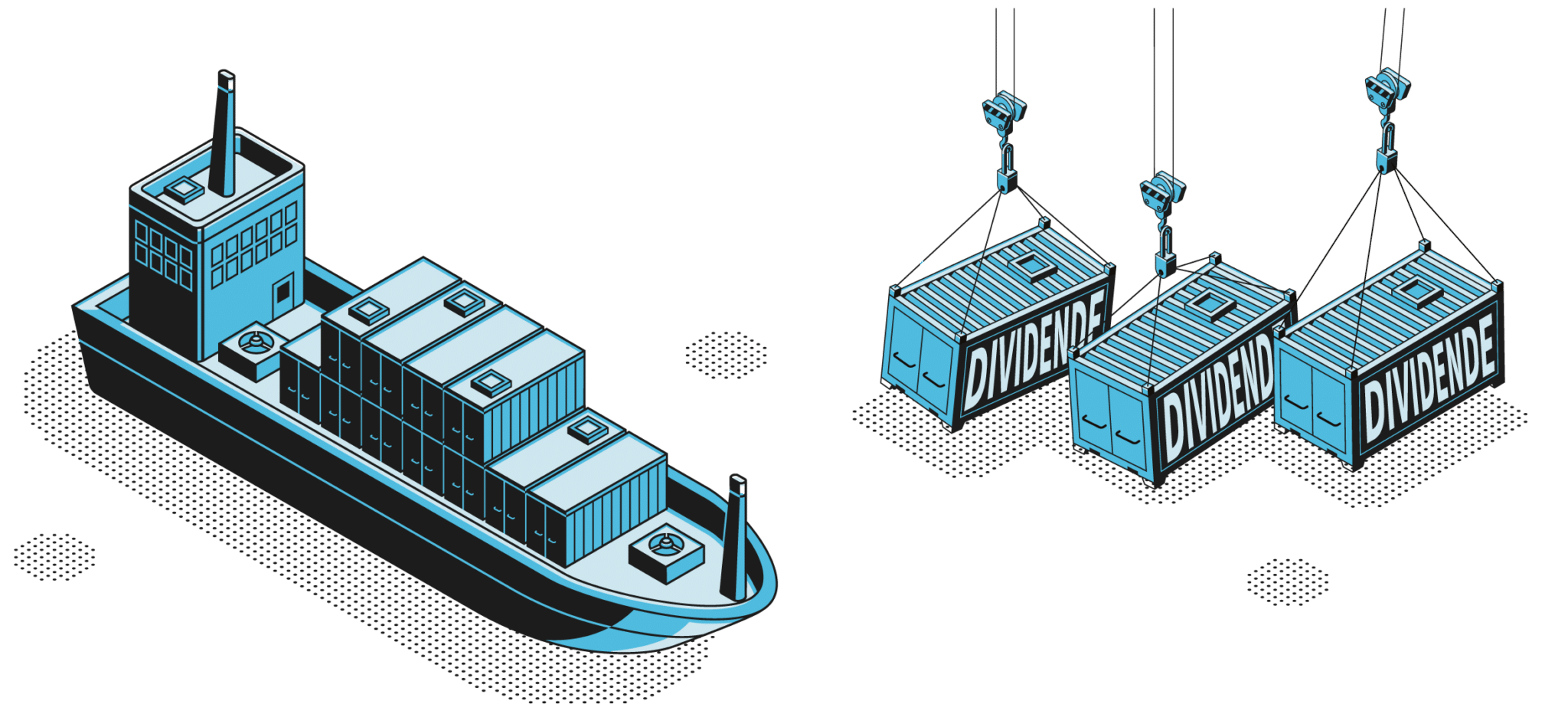 Grafik eines Containerschiffes und drei Containern mit der Aufschrift Dividende