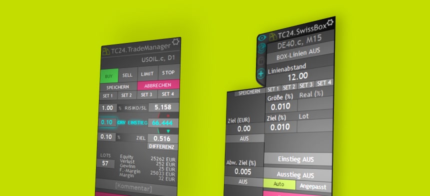 Benutzeroberfläche der TradersClub24-Tools SwissBox und TradeManager für Daytrading.