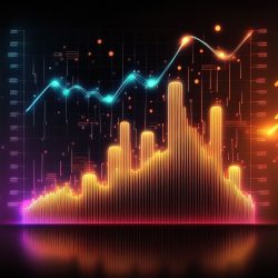 Business economic charts with light effects, neon. Abstract neon background, growth and fall analytics. Stock market trading investment candlestick graph. Finance and economy concept. Generative AI